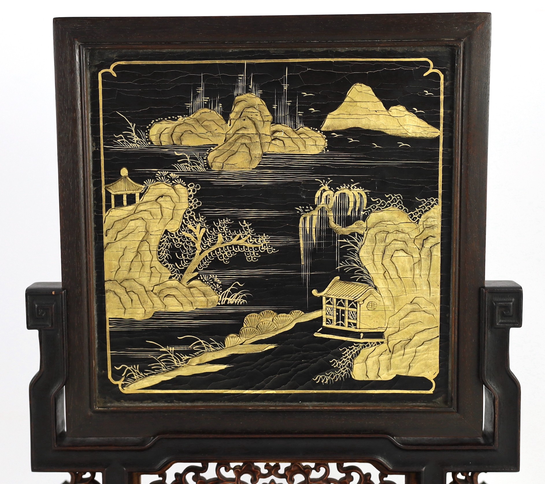A Chinese cloisonné enamel, hardstone and mother-of-pearl mounted table screen, 42cm high 37cm wide, one foot lacking